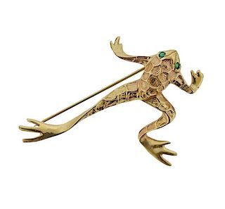 14K Gold Emerald Frog Brooch Pin