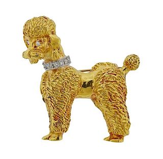 18K Gold Diamond Poodle Dog Brooch Pin