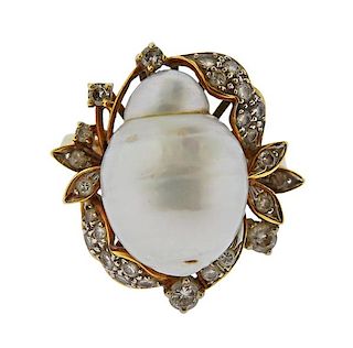 14K Gold Diamond Baroque Pearl Ring