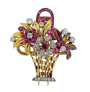 14K Gold Diamond Ruby Floral Basket Brooch Pin