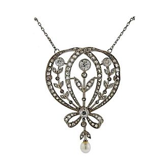 Antique Platinum Diamond Pearl Lavalier Necklace