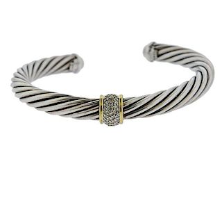 David Yurman Sterling Silver 18k Gold Diamond Cable Bracelet