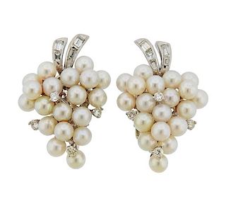 14k Gold Diamond Pearl Grape Vine Earrings 