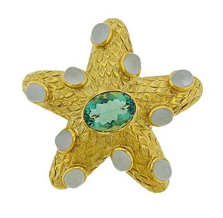 18k Gold Moonstone Green Gemstone Starfish Brooch Pin