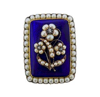 Antique 12k Gold Pearl Diamond Enamel Brooch Pin 