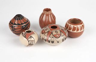 A group of five Pueblo pottery vessels