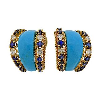 14k Gold Turquoise Sapphire Diamond Earrings 