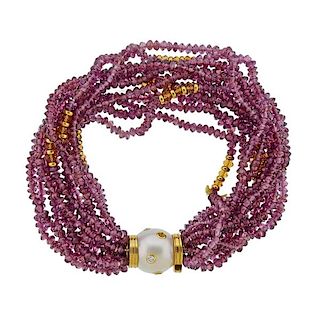 Trianon Pink Tourmaline Pearl Diamond 18k Gold Bracelet 