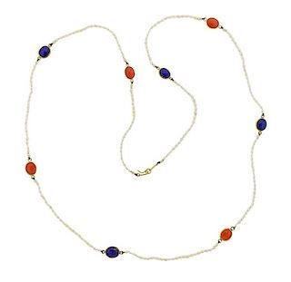 Tiffany &amp; Co Peretti 18k Gold Pearl Lapis Coral Necklace 