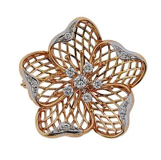 14k Gold Diamond Flower Brooch Pin 