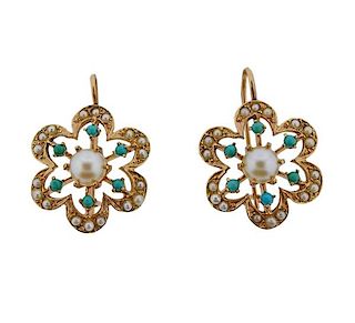14K Gold Turquoise Pearl Flower Earrings