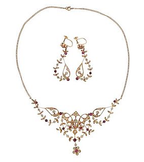 Gold Diamond Ruby Necklace Earrings  Set 