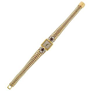 Cartier Mid Century 18k Gold Diamond Ruby Watch 
