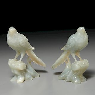 Pair Chinese carved celadon jade birds