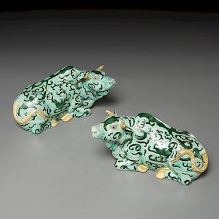 Pair Chinese Export famille verte buffalo boxes