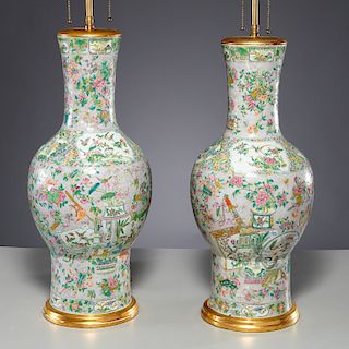 Fine pair large Chinese famille vert vase lamps