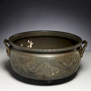 Large Asian bronze tripod vessel