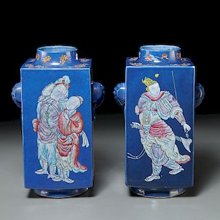 Pair Chinese blue ground cong vases