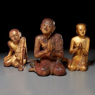(3) Burmese carved giltwood Buddhist Monks