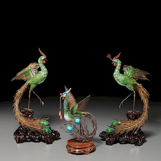 (3) Chinese Export silver and enamel peacocks