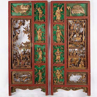 Fine Pair Chinese painted giltwood carved screens