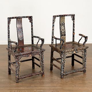 Pair Chinese polychrome lacquer armchairs