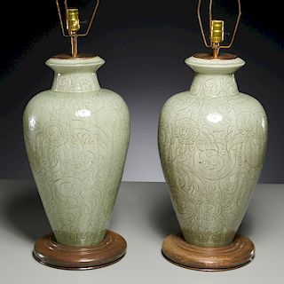 Pair large Korean celadon porcelain vase lamps
