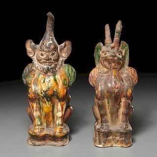 Pair Chinese sancai glazed tomb guardian beasts