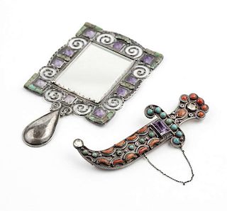 A set of two Matl silver and gem items