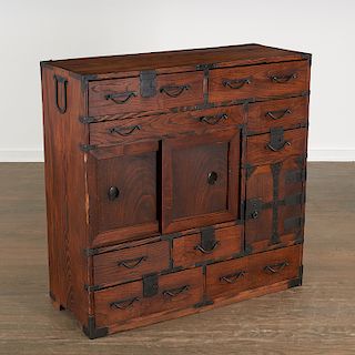 Japanese wood and wrought iron Tansu chest