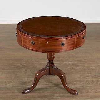 Regency tooled leather top drum library table
