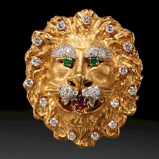 Hammerman Bros. 18k gold, gemstone lion brooch