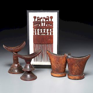 (3) African wood headrests w/ carved figural comb