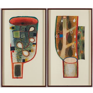 Karen Kunc, (2) color woodcuts, 2001