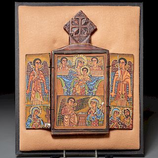 Ethiopian painted wood icon triptych, ex-museum