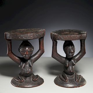 Luba People, (2) caryatid stools
