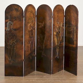 Serge Damon, painted and carved five-panel screen