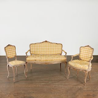 Antique Louis XV style gilt, painted seating suite