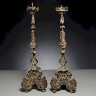 Pair Italian Baroque silvered copper altar sticks