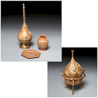 (4) Islamic inlaid brass table items, ex-museum