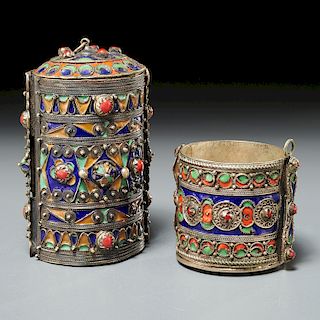 Kabyle Berber, (2) enameled silver cuffs