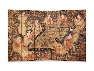 A Chinese Black Lacquer Six-Panel Floor Screen
