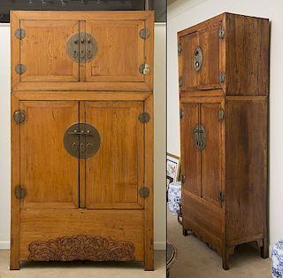 Two Chinese Lacquered Hardwood Two-Part Storage Cabinets