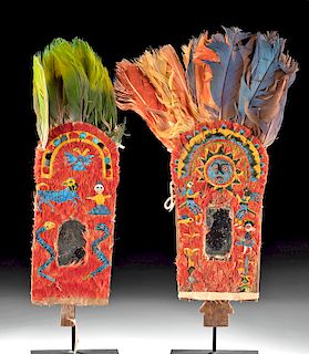 20th C. Bolivian Wood Panels w/ Feathers, Mirrors (pr)