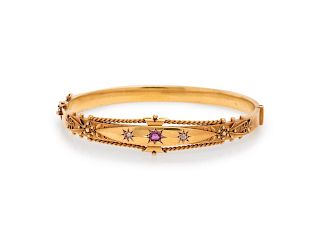 Etruscan Revival, Gold, Ruby and Diamond Bangle Bracelet