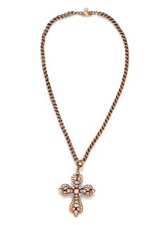 Victorian, Gold and Diamond Cross Pendant/Brooch and Chain