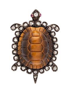 Antique, Tiger's Eye and Diamond Turtle Brooch 