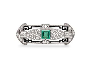 Art Deco, Emerald, Diamond and Enamel Brooch