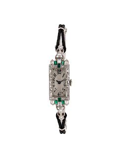 A. LeCoultre Tissot, Art Deco, Diamond and Emerald Wristwatch