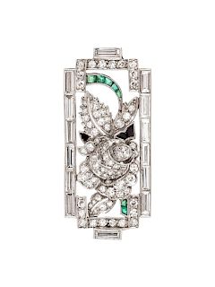Art Deco, Diamond, Emerald and Onyx Brooch